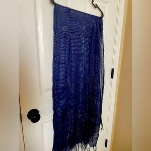 Blue, translucent scarf with silver thread and fringe